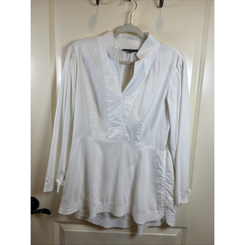 Lafayette 148 Shirt Women 10 White Cotton Long Sleeve Tunic Minimalist Coastal